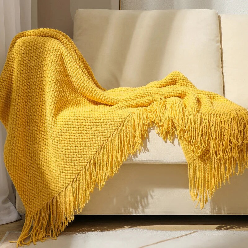 Knitted Throw – textured waffle knit, tasselled ends, lightweight