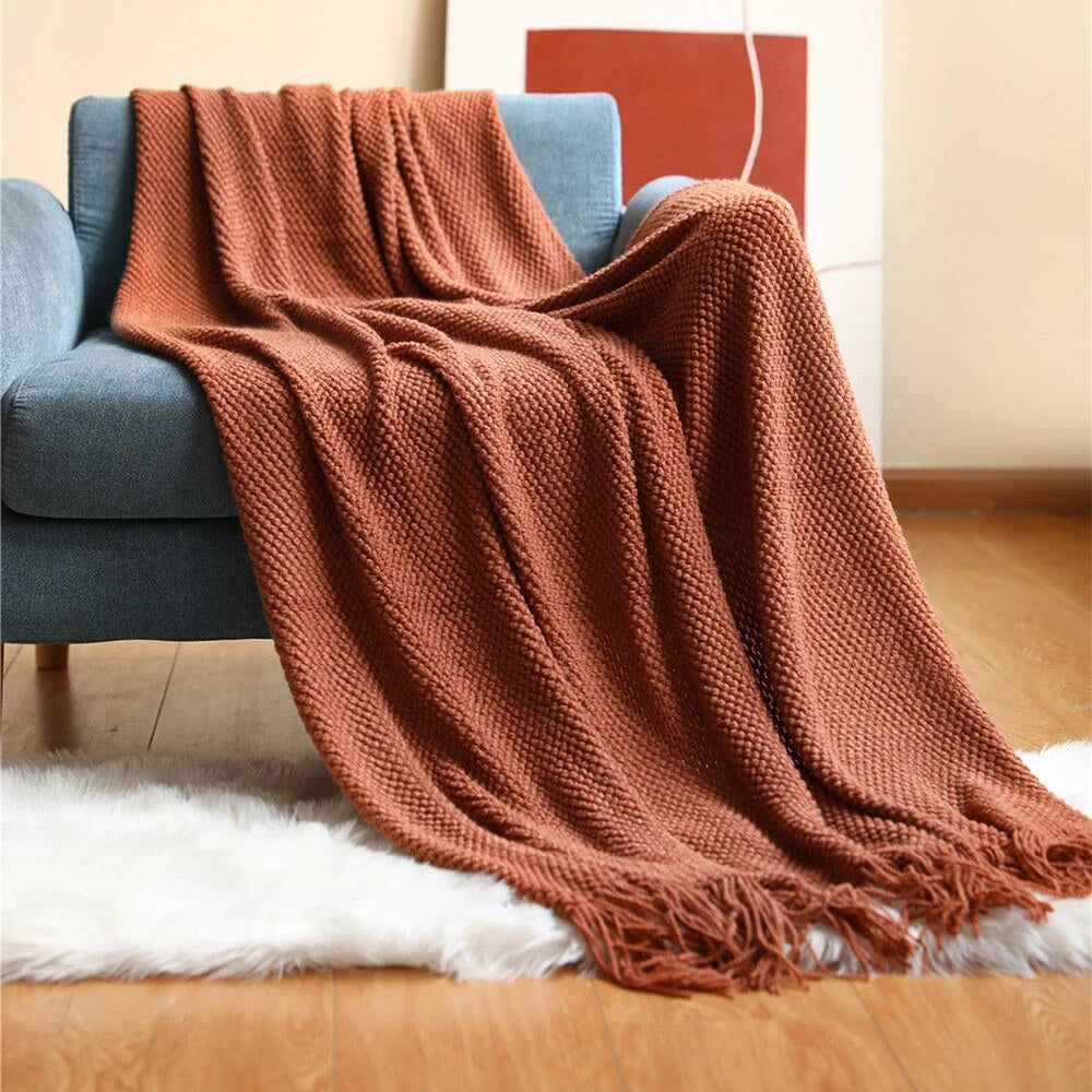 Knitted Throw – textured waffle knit, tasselled ends, lightweight