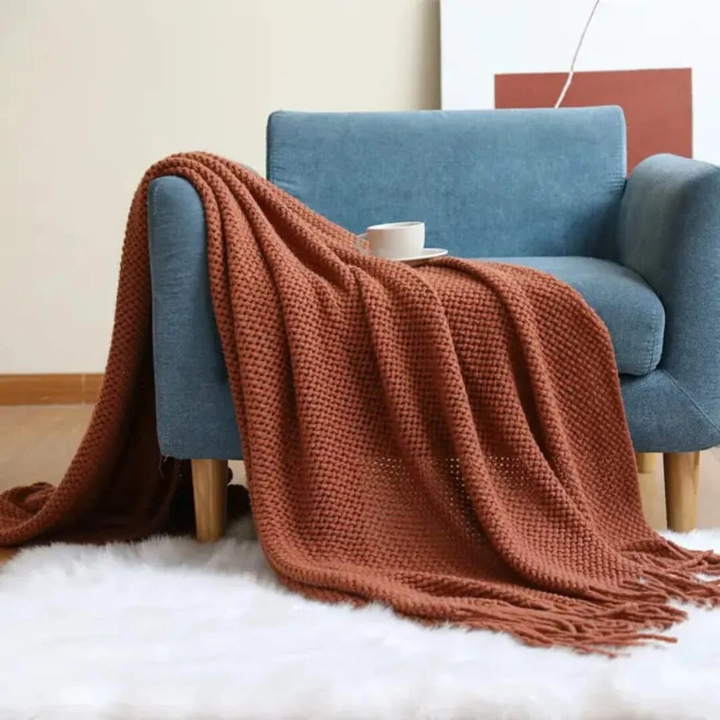 Knitted Throw – textured waffle knit, tasselled ends, lightweight