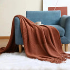 Knitted Throw – textured waffle knit, tasselled ends, lightweight