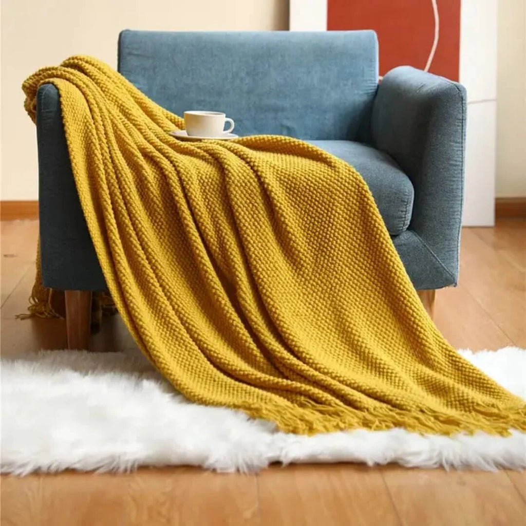 Knitted Throw – textured waffle knit, tasselled ends, lightweight