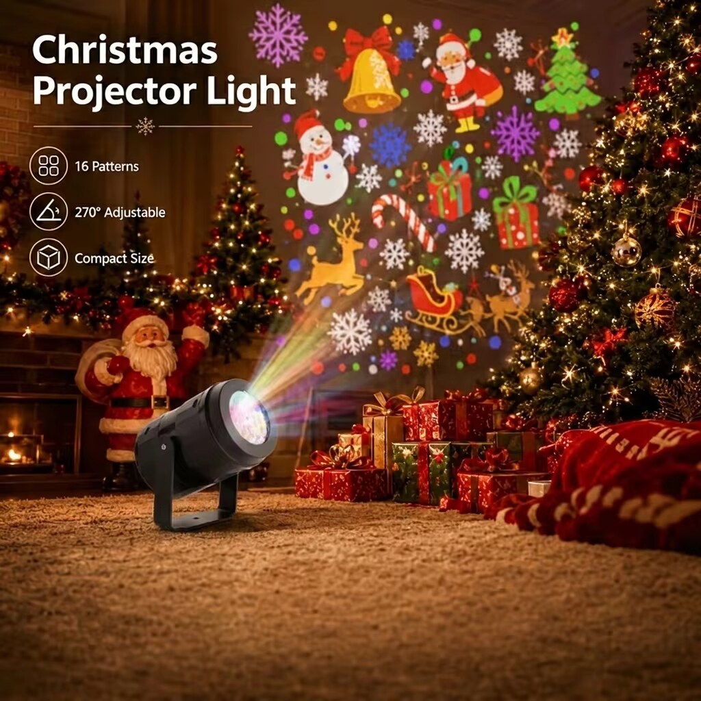 LED Christmas Projector – rotating festive patterns, USB powered