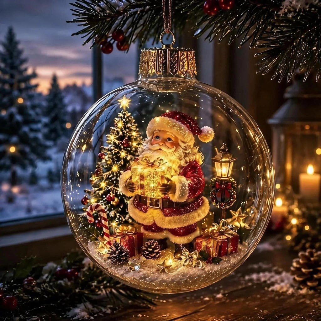 Light-up Christmas Bauble – acrylic shell, warm white LED, battery operated