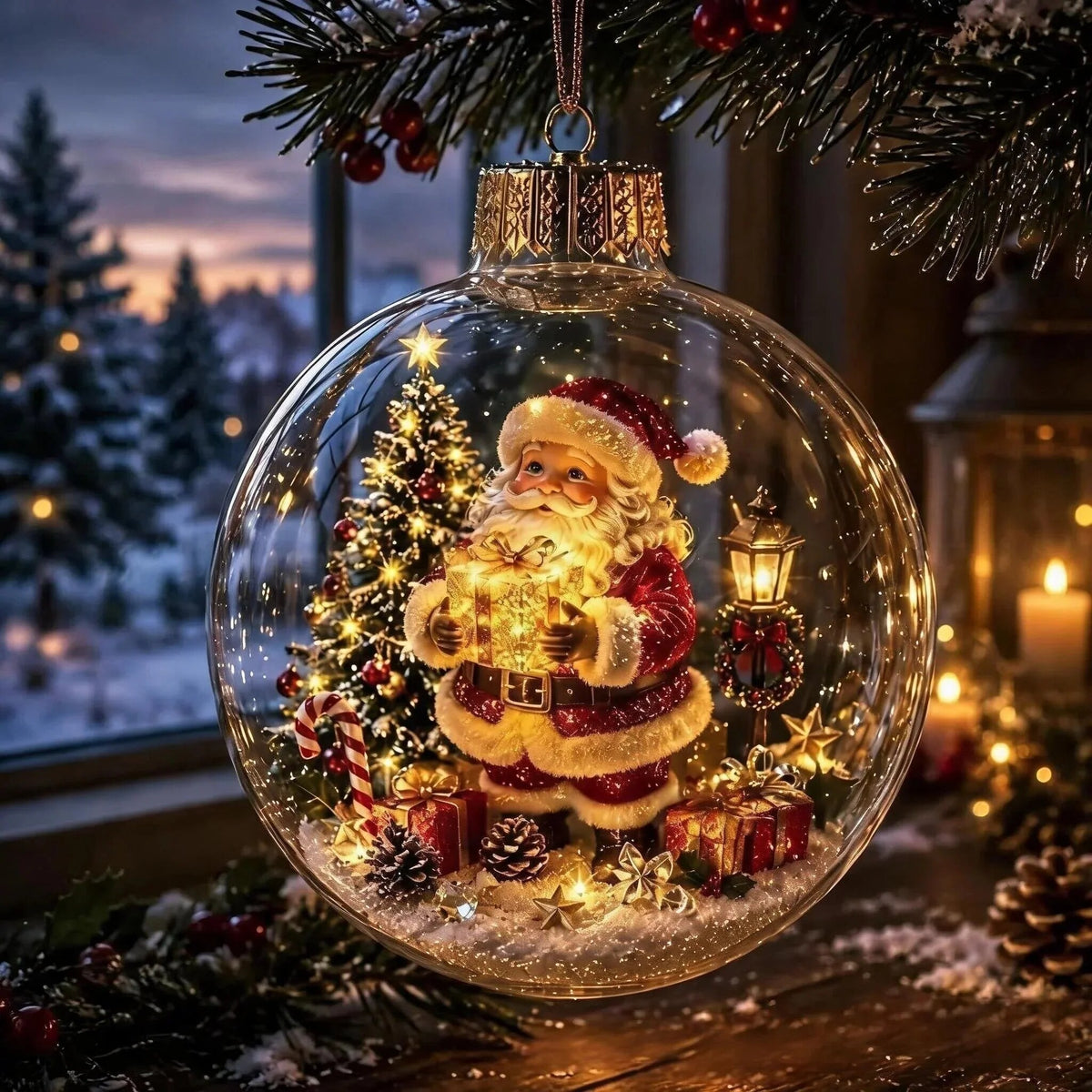 Light-up Christmas Bauble – acrylic shell, warm white LED, battery operated