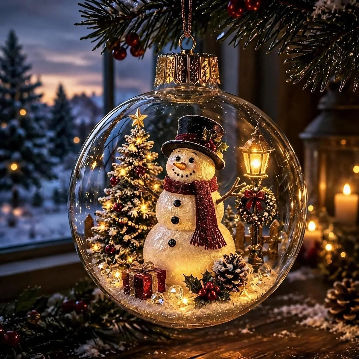 Light-up Christmas Bauble – acrylic shell, warm white LED, battery operated