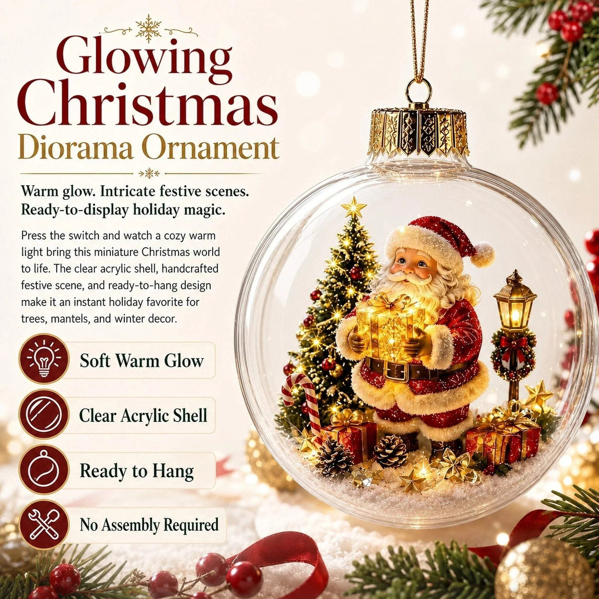 Light-up Christmas Bauble – acrylic shell, warm white LED, battery operated