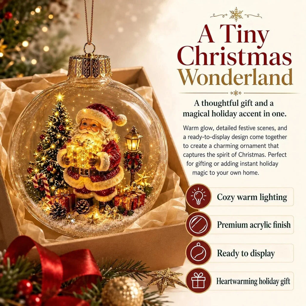 Light-up Christmas Bauble – acrylic shell, warm white LED, battery operated