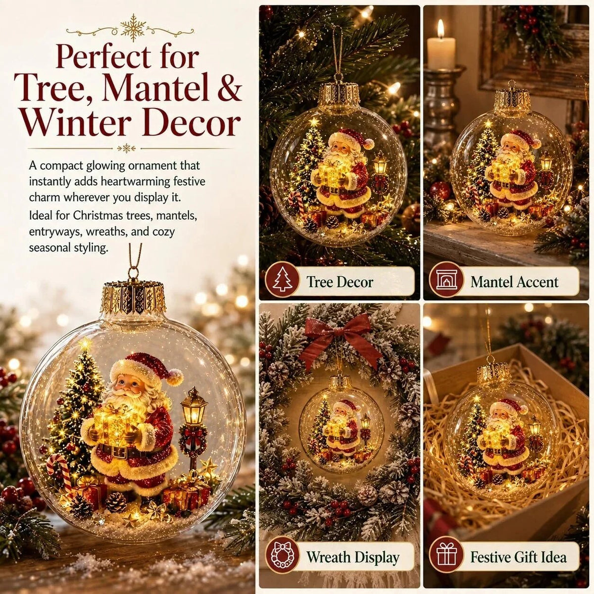 Light-up Christmas Bauble – acrylic shell, warm white LED, battery operated