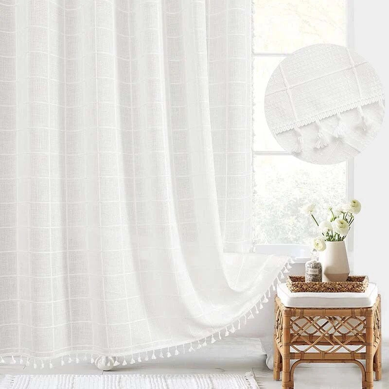 Linen Shower Curtain – farmhouse plaid and stripe patterns, waterproof