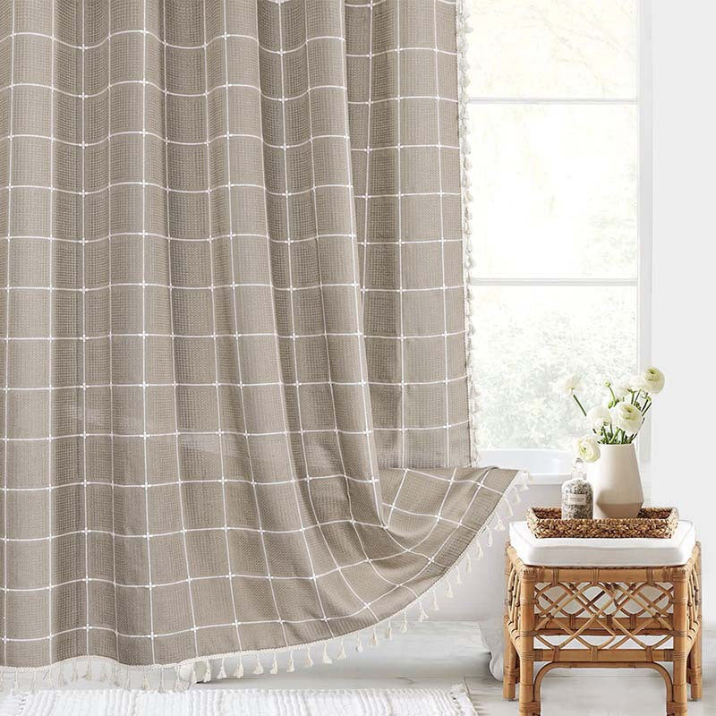 Linen Shower Curtain – farmhouse plaid and stripe patterns, waterproof