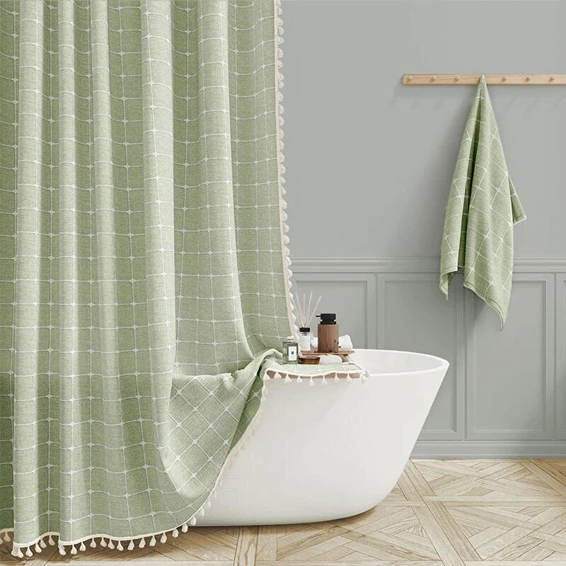 Linen Shower Curtain – farmhouse plaid and stripe patterns, waterproof