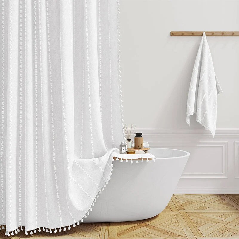 Linen Shower Curtain – farmhouse plaid and stripe patterns, waterproof