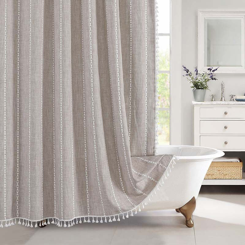 Linen Shower Curtain – farmhouse plaid and stripe patterns, waterproof