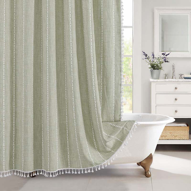Linen Shower Curtain – farmhouse plaid and stripe patterns, waterproof