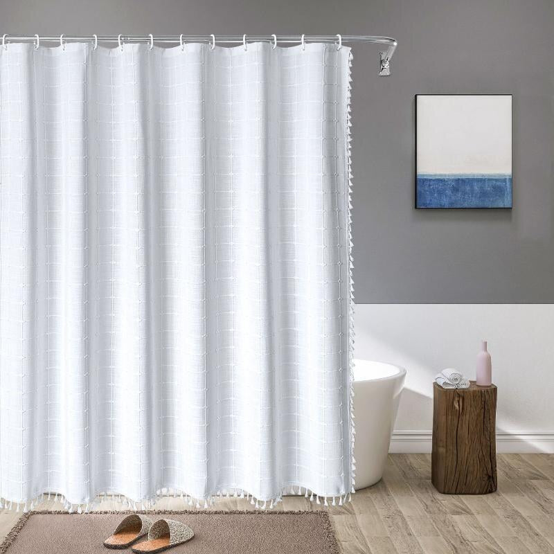 Linen Shower Curtain – farmhouse plaid and stripe patterns, waterproof