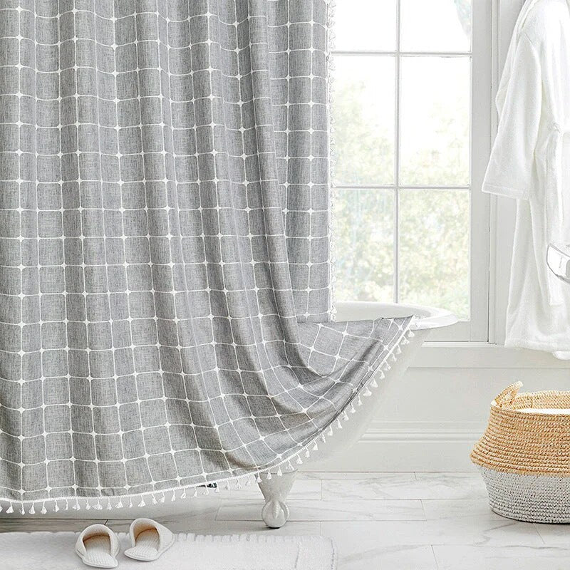Linen Shower Curtain – farmhouse plaid and stripe patterns, waterproof