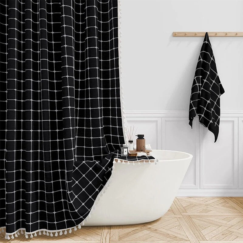 Linen Shower Curtain – farmhouse plaid and stripe patterns, waterproof