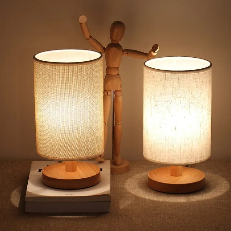 Linen Table Lamp – matte wood base, warm glow, USB-powered