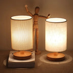 Linen Table Lamp – matte wood base, warm glow, USB-powered