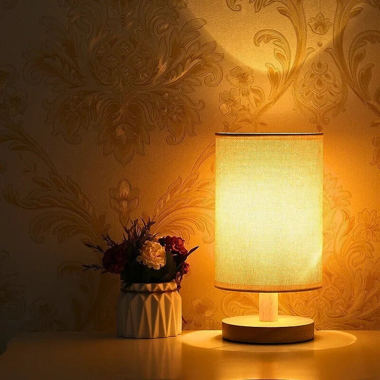 Linen Table Lamp – matte wood base, warm glow, USB-powered