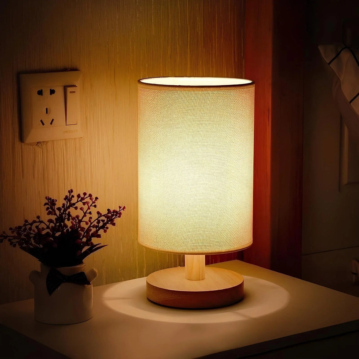 Linen Table Lamp – matte wood base, warm glow, USB-powered