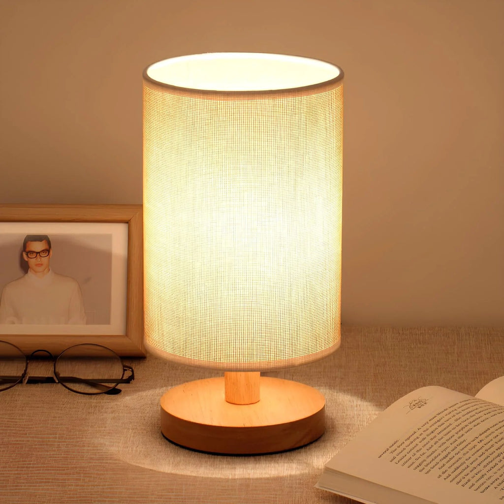Linen Table Lamp – matte wood base, warm glow, USB-powered