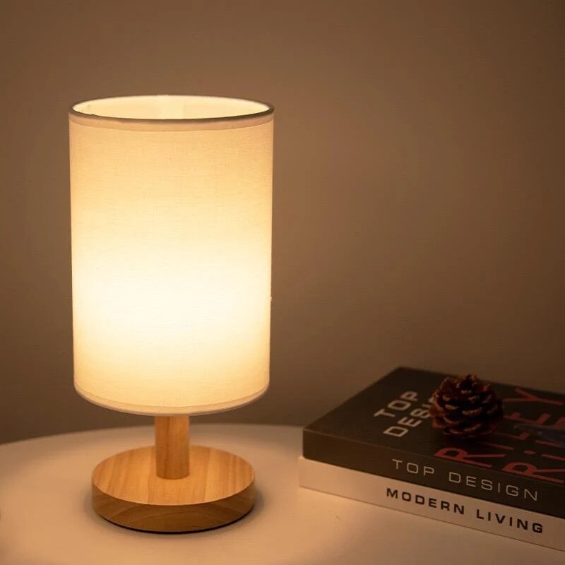 Linen Table Lamp – matte wood base, warm glow, USB-powered