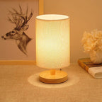 Linen Table Lamp – matte wood base, warm glow, USB-powered