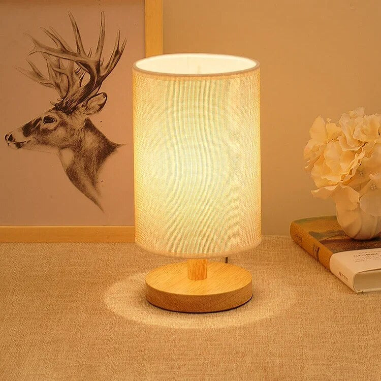 Linen Table Lamp – matte wood base, warm glow, USB-powered