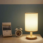 Linen Table Lamp – matte wood base, warm glow, USB-powered