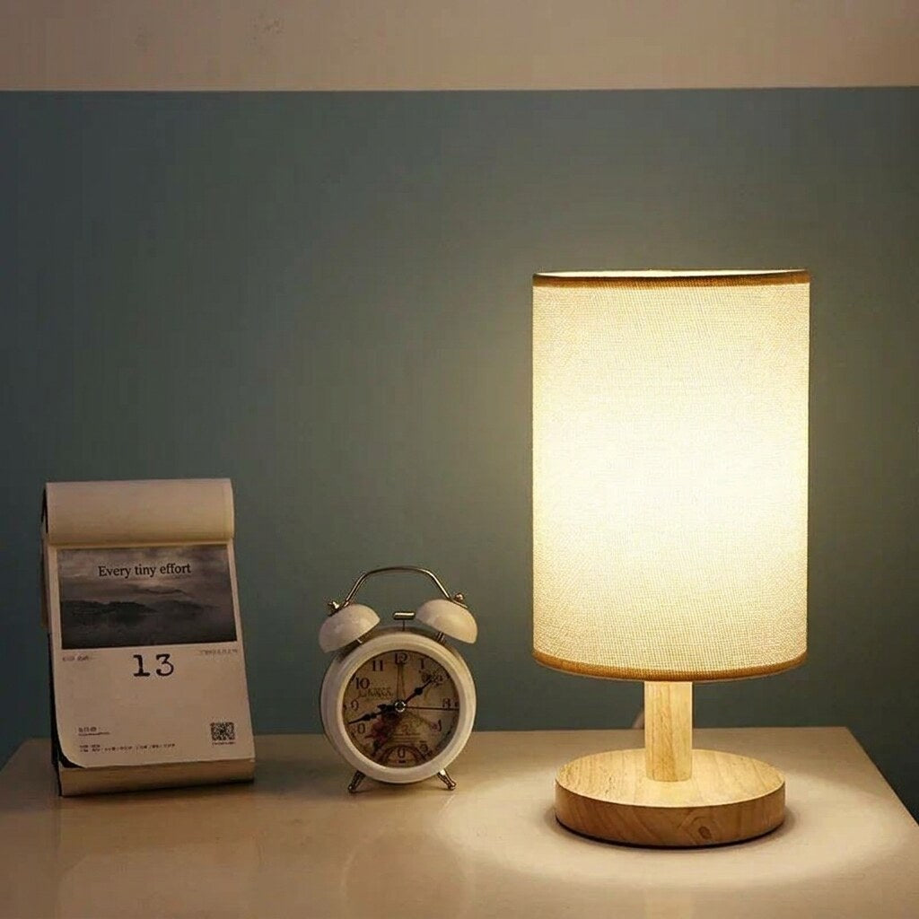 Linen Table Lamp – matte wood base, warm glow, USB-powered