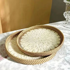 Lotus Leaf Fruit Platter – handwoven rattan, shell inlay detail