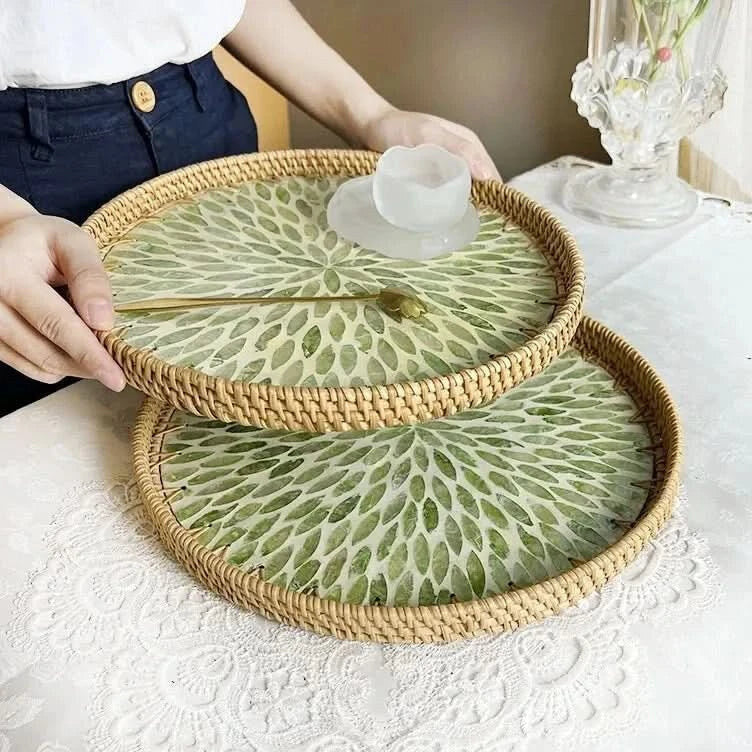 Lotus Leaf Fruit Platter – handwoven rattan, shell inlay detail