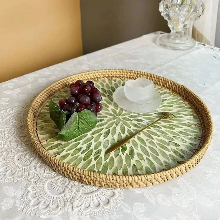 Lotus Leaf Fruit Platter – handwoven rattan, shell inlay detail