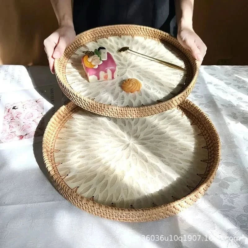 Lotus Leaf Fruit Platter – handwoven rattan, shell inlay detail