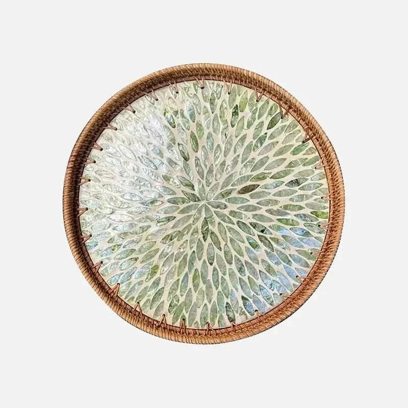 Lotus Leaf Fruit Platter – handwoven rattan, shell inlay detail