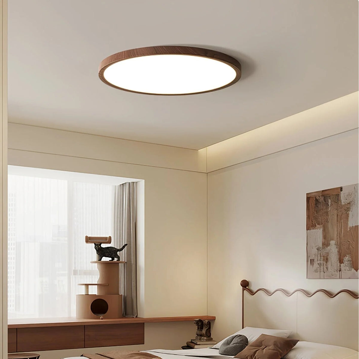 Modern wood-effect ceiling light – flush mount, tri-colour, dimmable