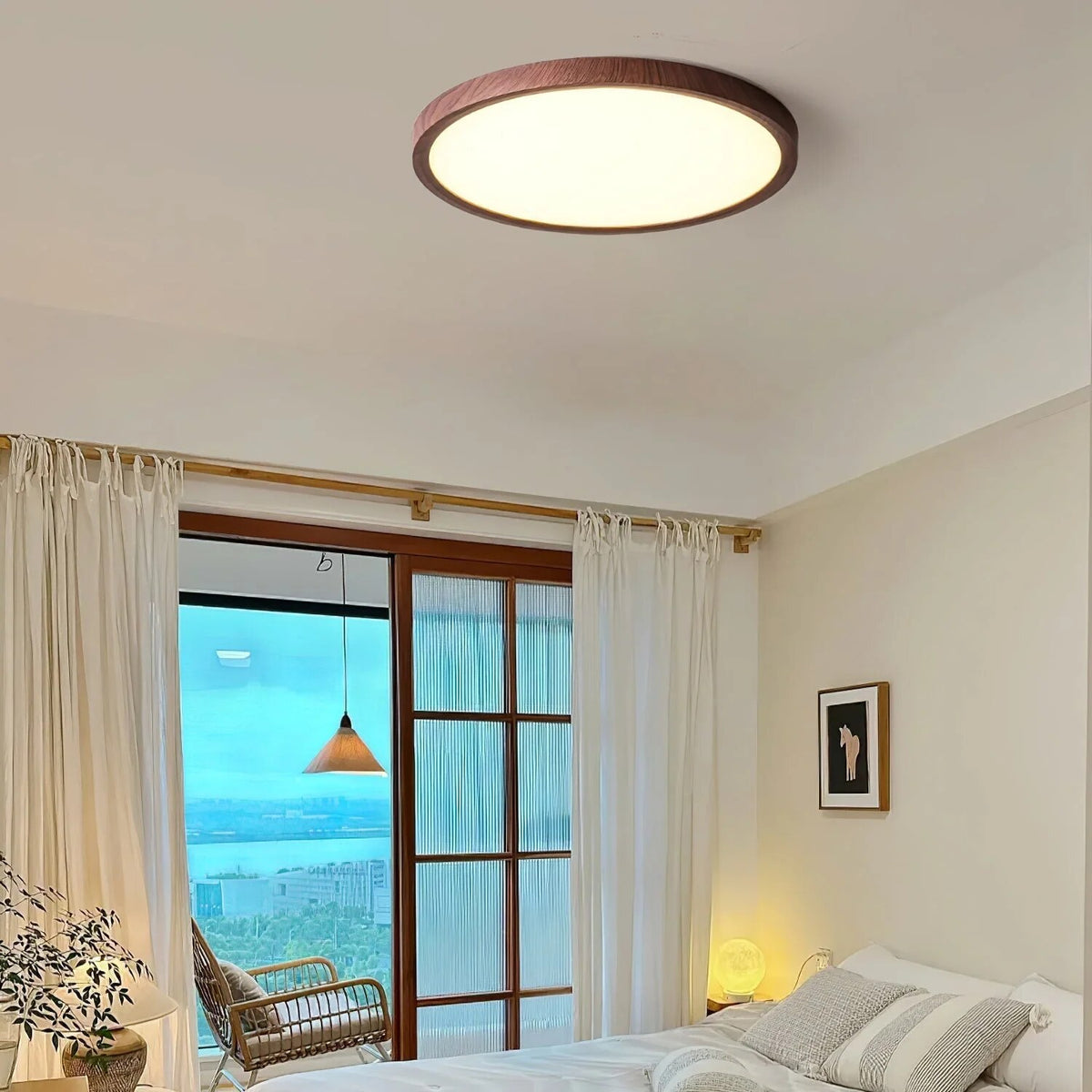 Modern wood-effect ceiling light – flush mount, tri-colour, dimmable