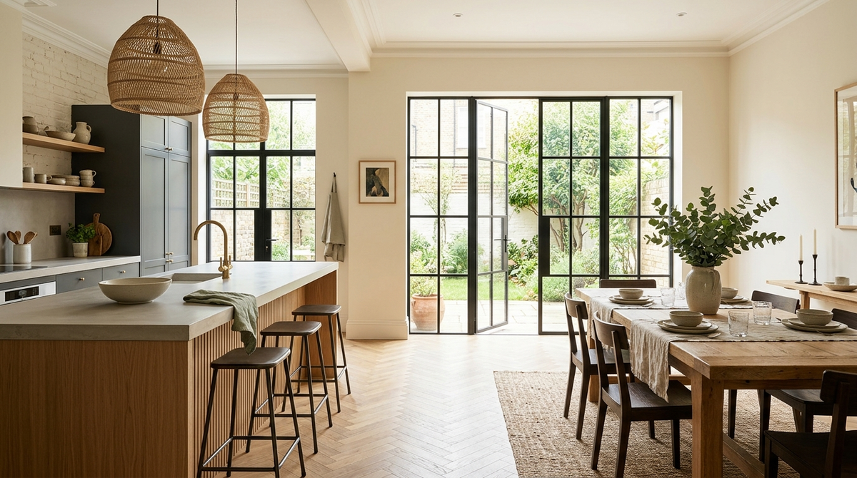 Bright open-plan kitchen and dining room with rattan pendant lights