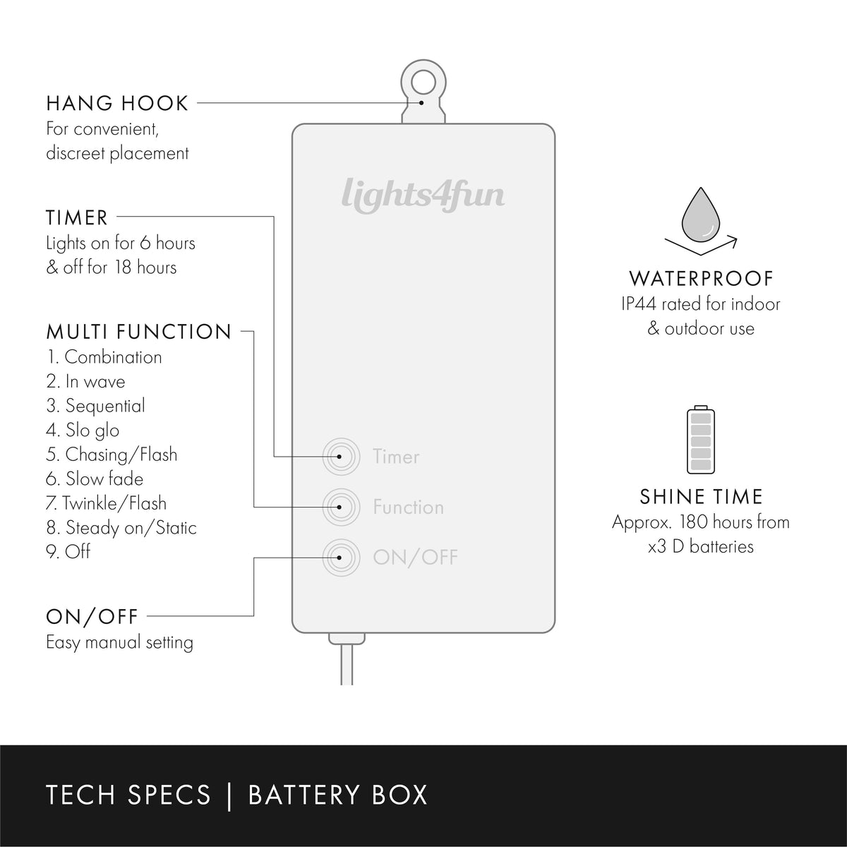 Outdoor Fairy Lights – warm white LEDs, battery powered, green cable