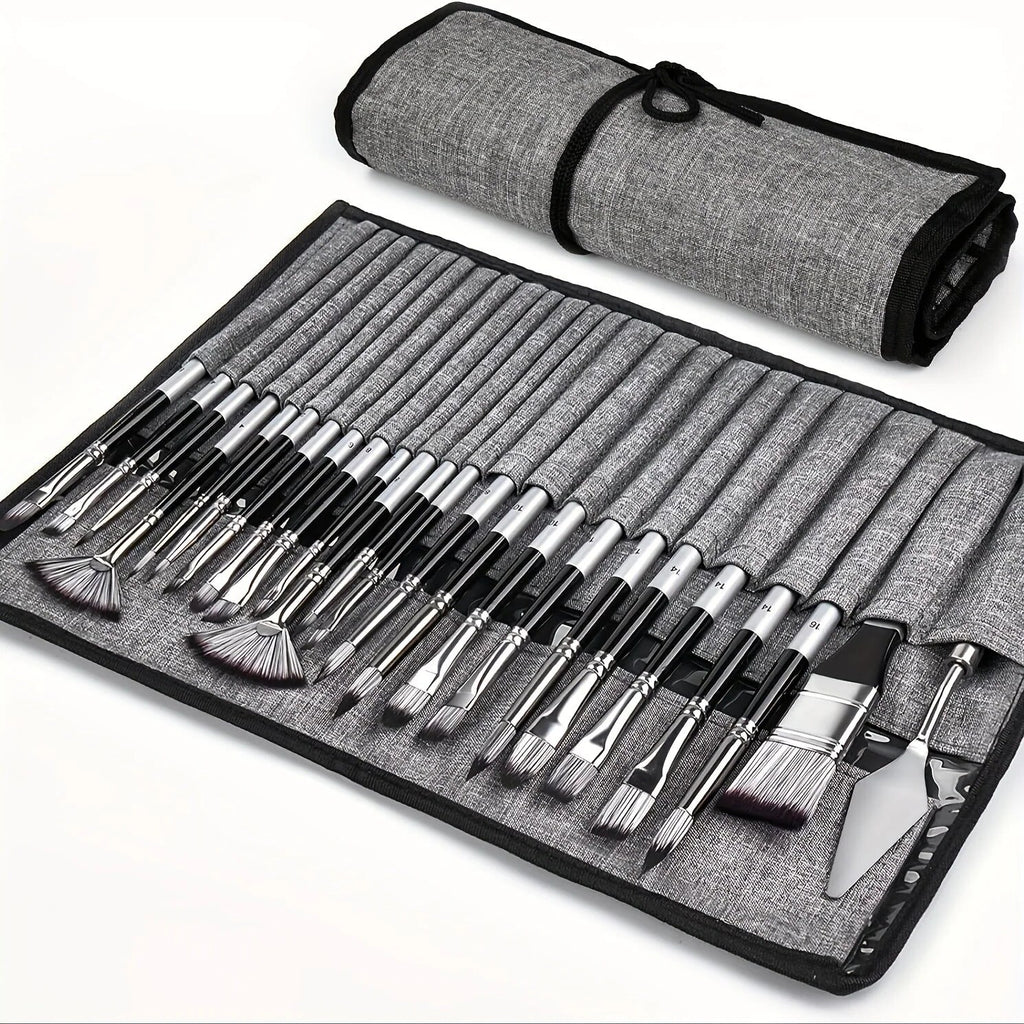 Paint Brush Set – nylon bristles, 24 pieces, roll-up case