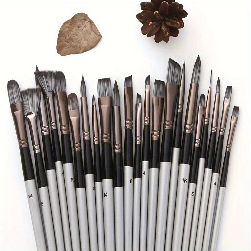 Paint Brush Set – nylon bristles, 24 pieces, roll-up case