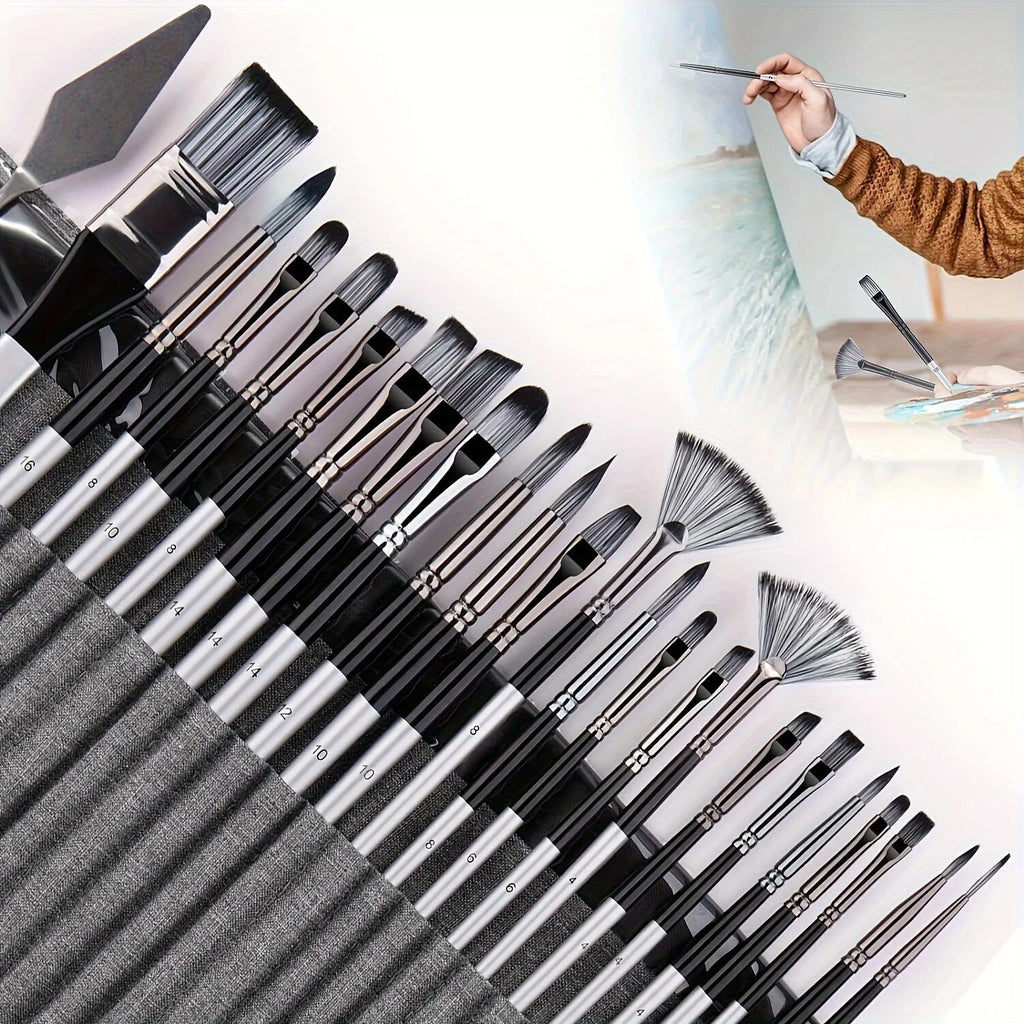 Paint Brush Set – nylon bristles, 24 pieces, roll-up case