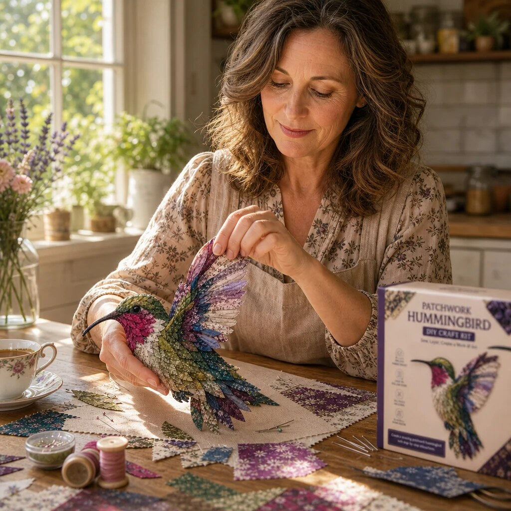 Patchwork Bird Craft Kit – hand-layered textile art with stand
