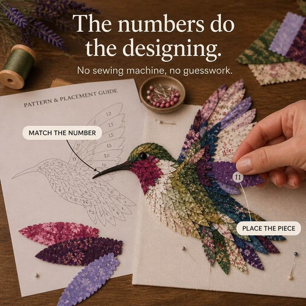 Patchwork Bird Craft Kit – hand-layered textile art with stand