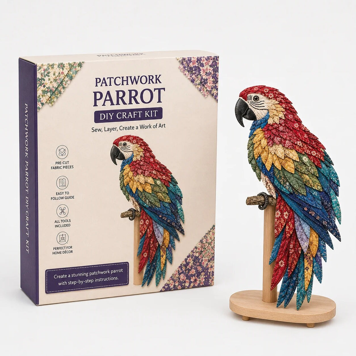 Patchwork Bird Craft Kit – hand-layered textile art with stand