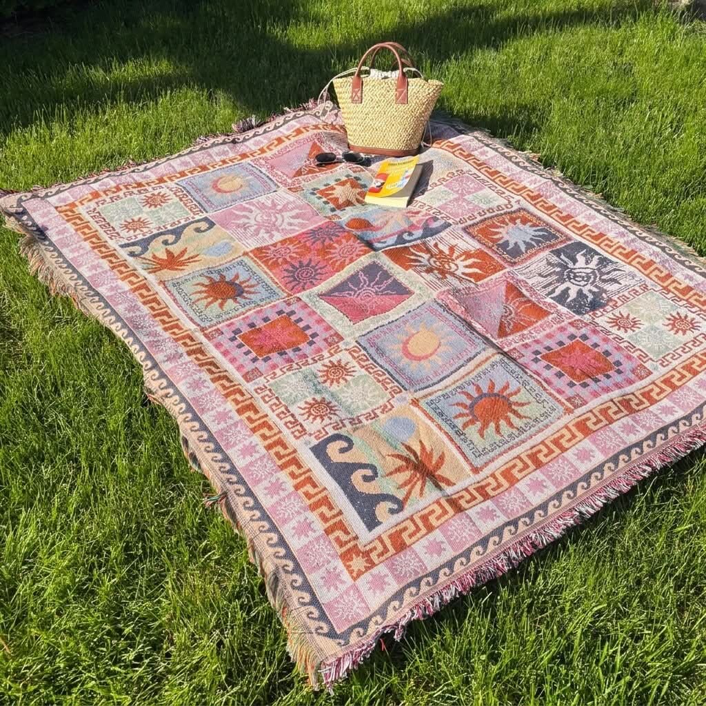 Patchwork Throw Blanket – multicoloured fringe, boho design