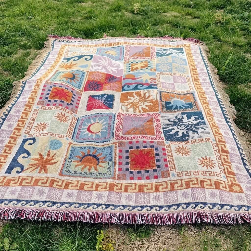 Patchwork Throw Blanket – multicoloured fringe, boho design
