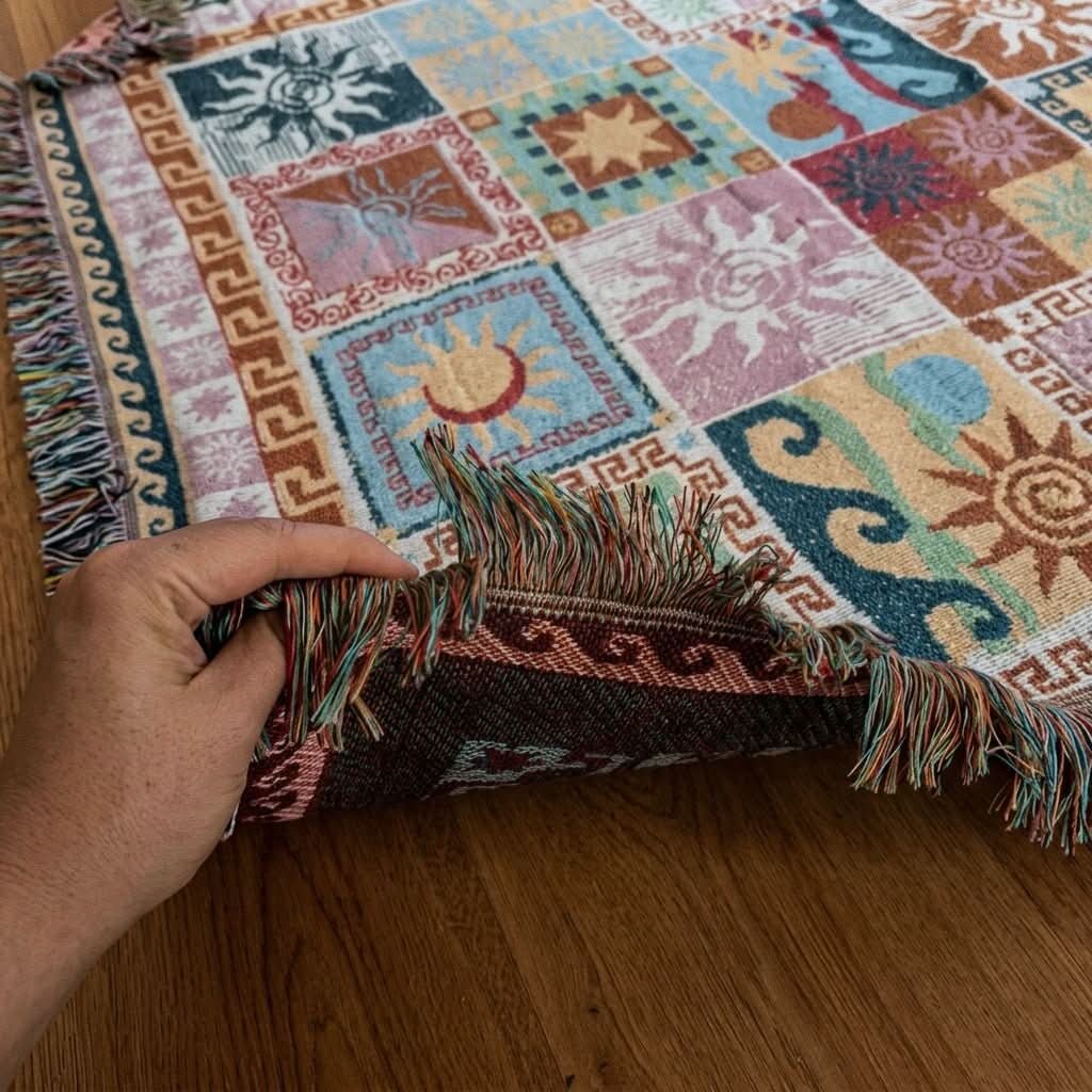 Patchwork Throw Blanket – multicoloured fringe, boho design