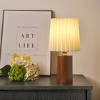 Pleated Table Lamp – solid wood base, cream shade, Nordic style
